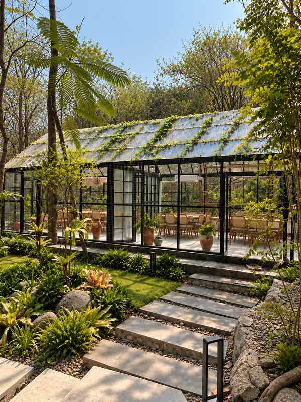 The Glasshouse, a long glass hall among trees, reached by wide stone steps past two stone spheres