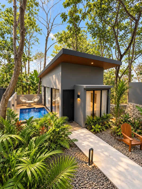 Grey villa with its own small plunge pool, reached by a path through tropical plants