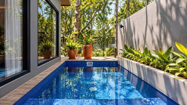 The private plunge pool seen from inside the villa, framed by plants